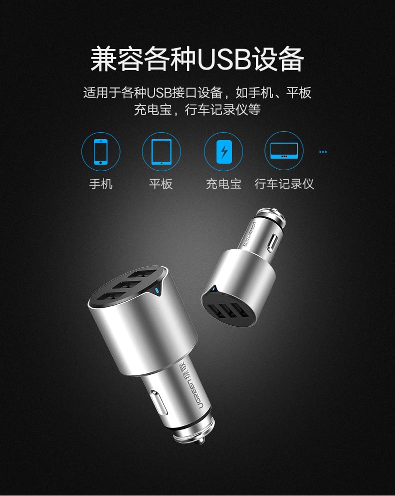 意昂2一拖三车载充电器，5.8A三口USB车载快充充电器