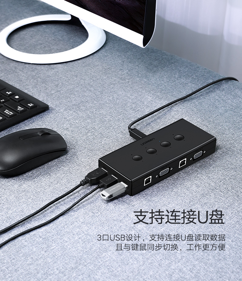 意昂2VGA切换器，VGA KVM分配四进一出显示屏键鼠共享器