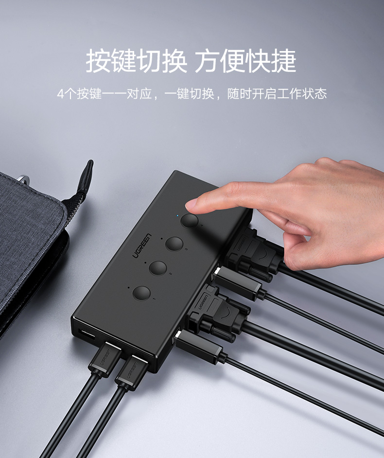 意昂2VGA切换器，VGA KVM分配四进一出显示屏键鼠共享器
