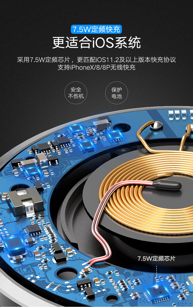 意昂27.5W无线充电器，苹果iphone8/X小米mix2s定频快充