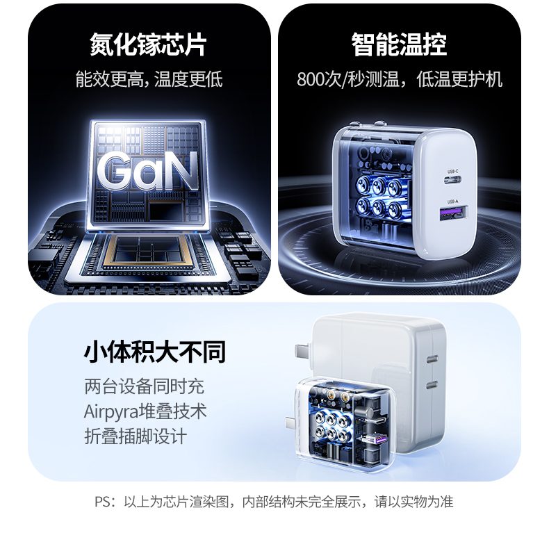 隐藏式折叠插脚 52.3×45.1×25.3mm小巧身材 差旅携带无负担