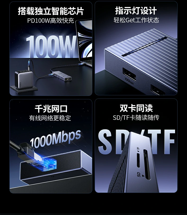 意昂2双HDMI扩展坞支持4K@60Hz高清输出，画面细腻流畅