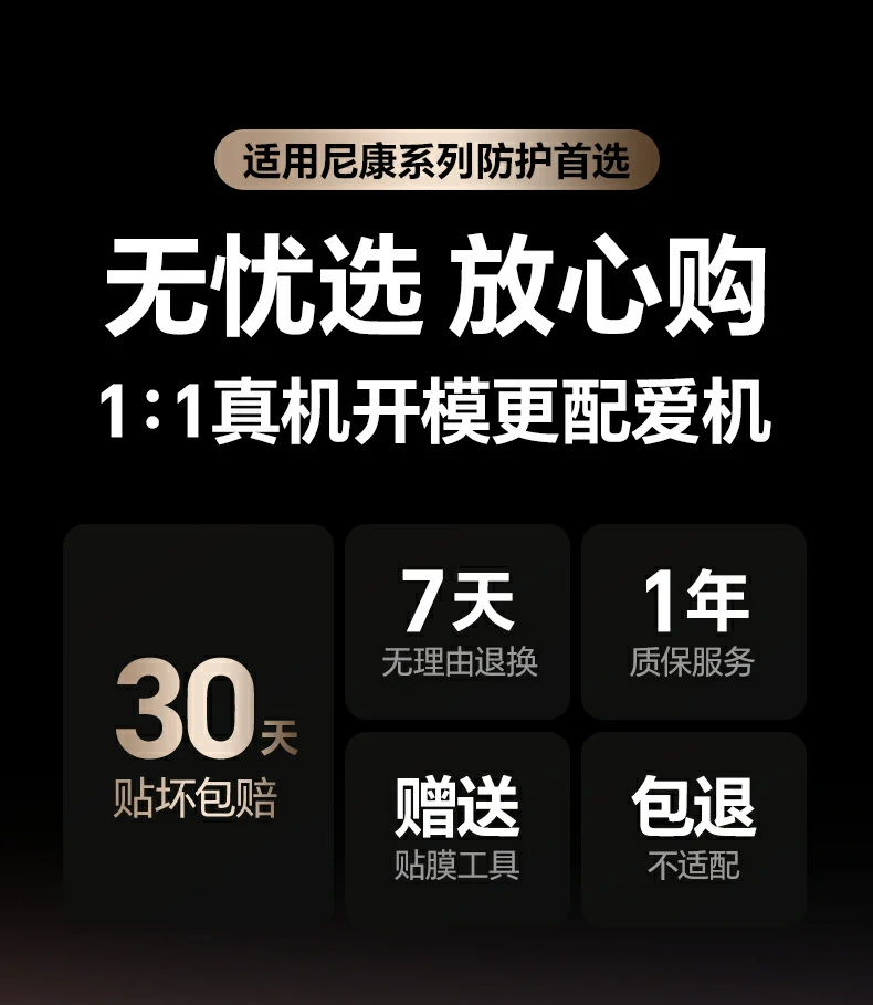 意昂2SP1259适用尼康系列膜全景图，展示0.33mm超薄设计与时尚彩盒包装