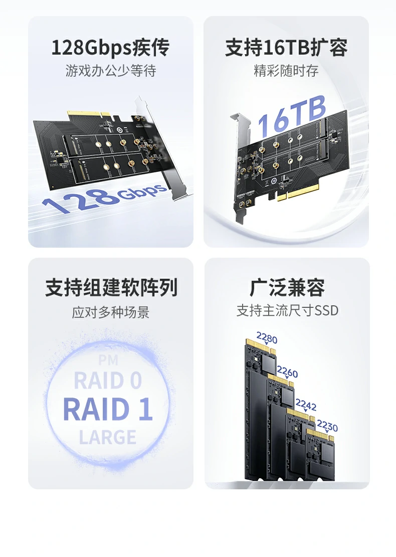 意昂275505双盘M.2 NVMe扩展卡单盘64Gbps速率标识