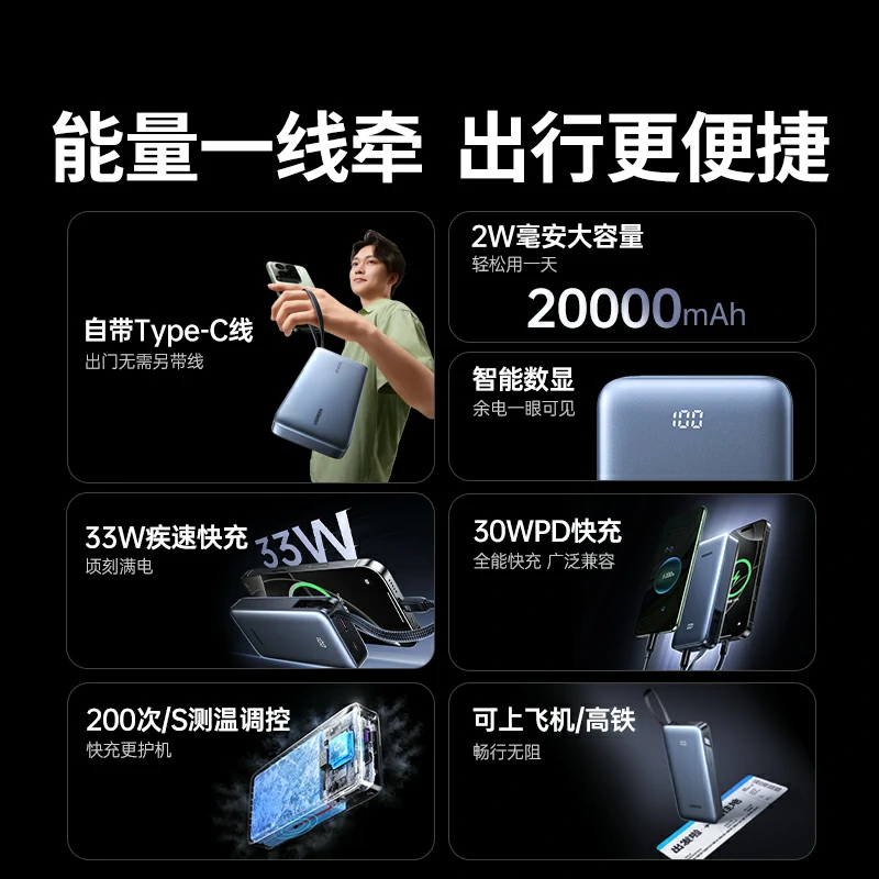意昂2超能块30W自带线快充移动电源 20000mAh