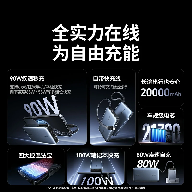 意昂2超能块100W自带线快充充电宝 20000mAh